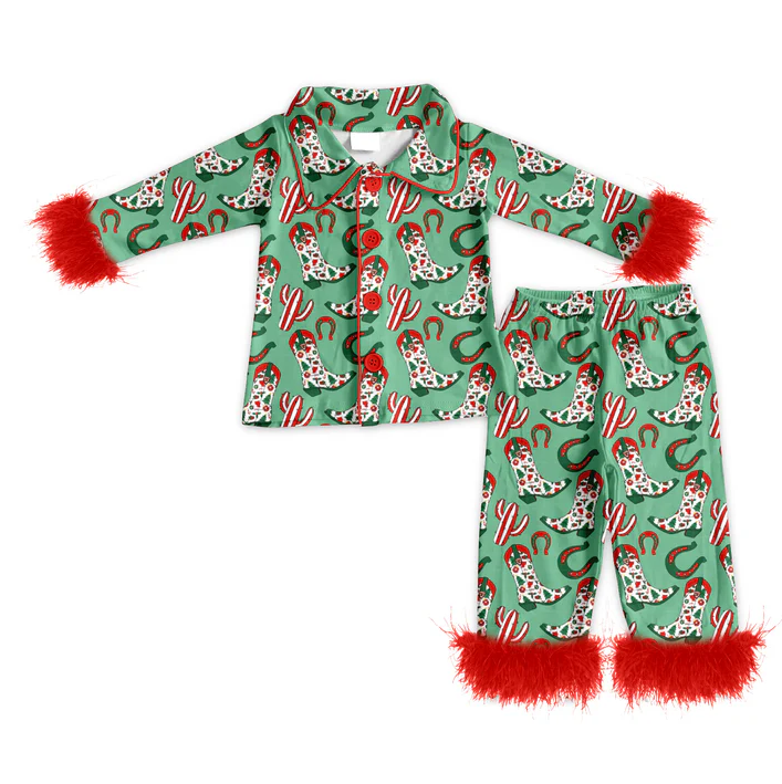 5.23 Preorder (moq 5)Baby Girls Long Sleeves With Fur Green Boots Cactus Button Top Pant Pajamas Set