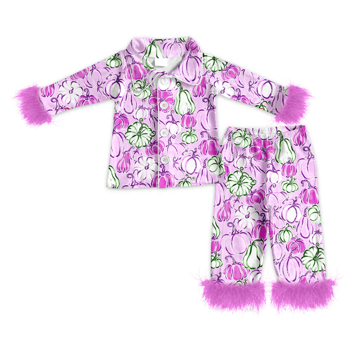 5.23 Preorder (moq 5)Baby Girls Long Sleeves With Fur Pink Floral Pumpkins Button Top Pant Pajamas Set