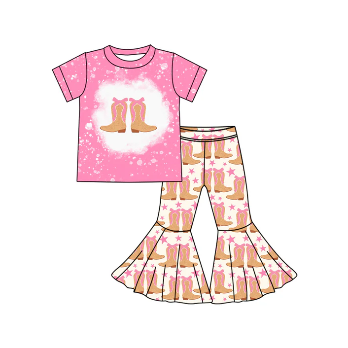 5.24 Preorder (moq 5)Baby Girls Western Pink Boots Stars Top Bell Bottom Pant Sets
