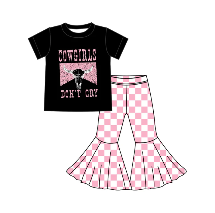 5.24 Preorder (moq 5)Baby Girls Western Cowgirl Don't Cry Top Checkered Bell Bottom Pant Sets