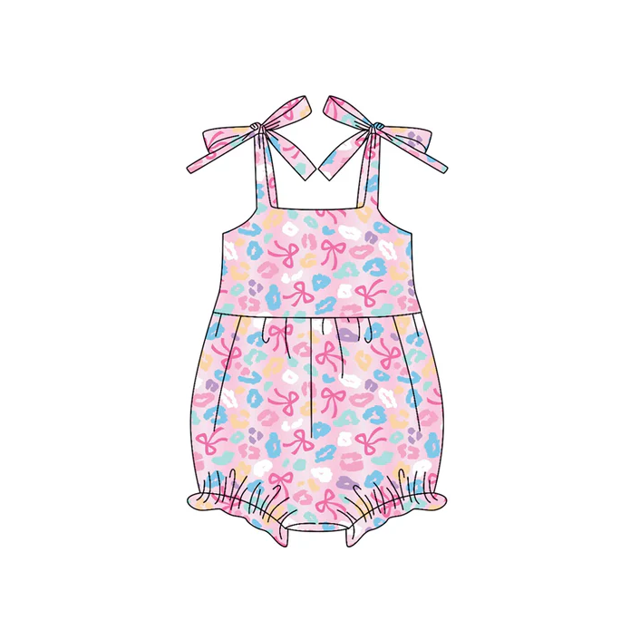 5.24 Preorder (moq 5)Baby Girls Pink Strap Bows Leopard Ruffle Rompers