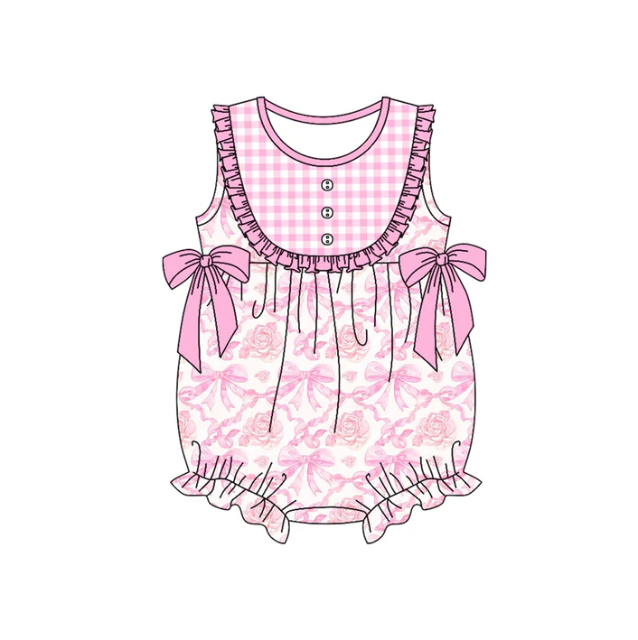 5.24 Preorder (moq 5)Baby Girls Pink Sleeveless Flowers Bows Button Ruffle Rompers