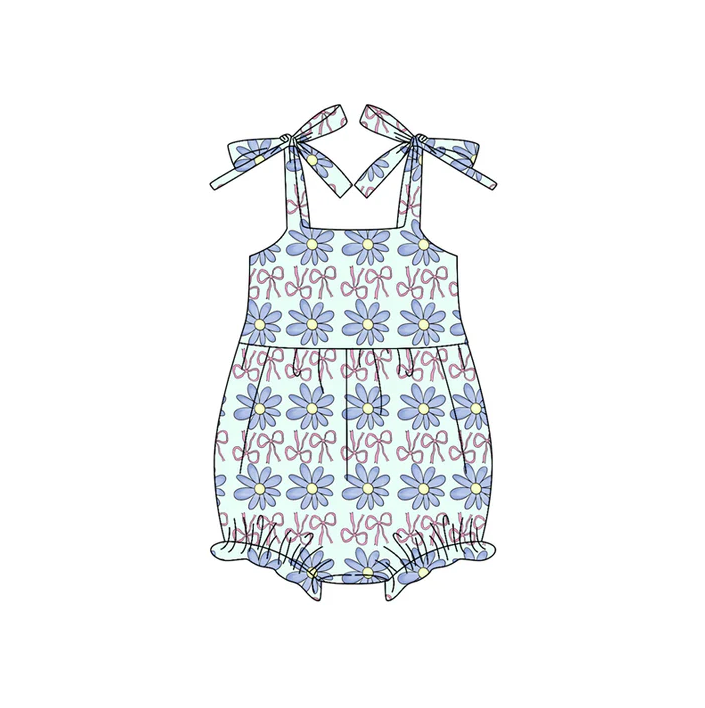 5.24 Preorder (moq 5)Baby Girls Blue Strap Bows Flowers Ruffle Rompers