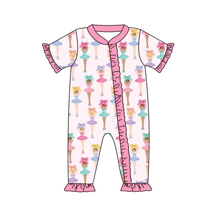 5.24 Preorder (moq 5)Baby Girls Short Ruffle Sleeves Bows Dancers Zipper Rompers