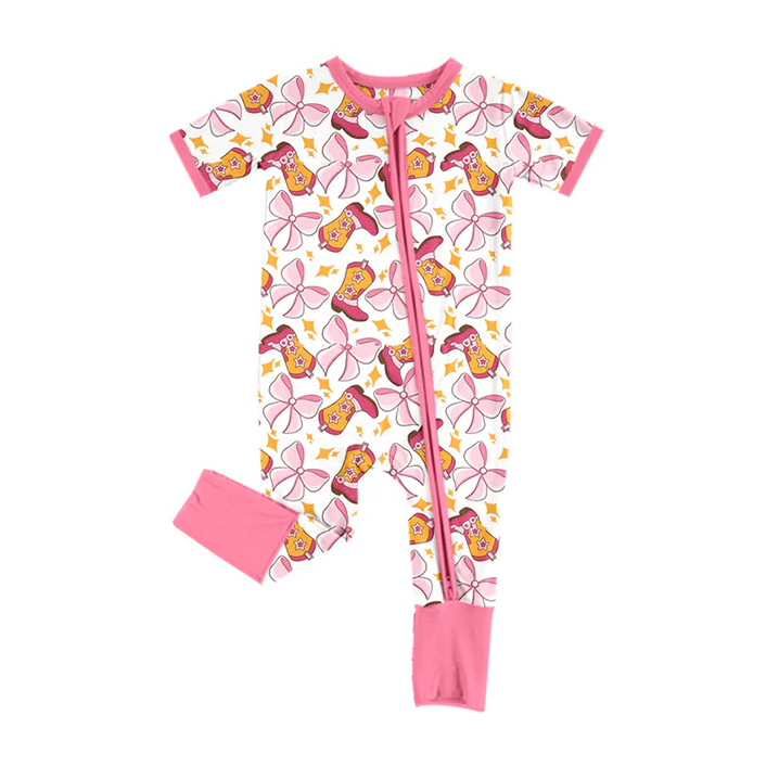 5.24 Preorder (moq 5)Baby Girls Pink Short Sleeves Bows Boots Stars Zipper Rompers