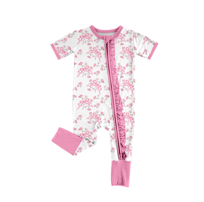 5.24 Preorder (moq 5)Baby Girls Short Sleeves Bows Flowers Zipper Rompers