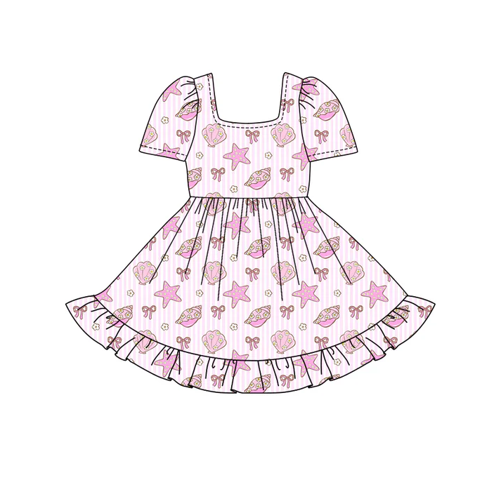 5.24 Preorder (moq 5)Baby Girls Short Sleeves Pink Stripe Bows Sea World Ruffle Knee Length Dresses