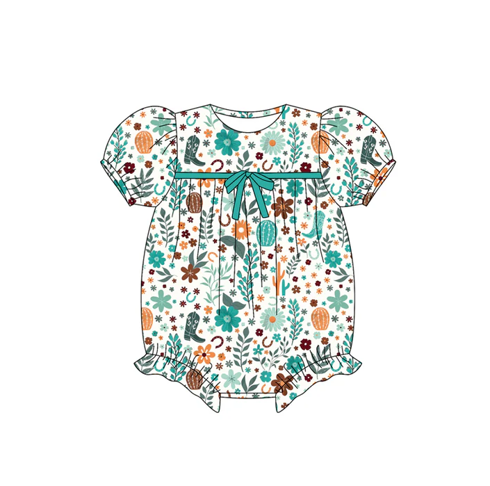 5.26 Preorder (moq 5)Baby Girls Short Ruffle Sleeves Green Floral Boots Rompers