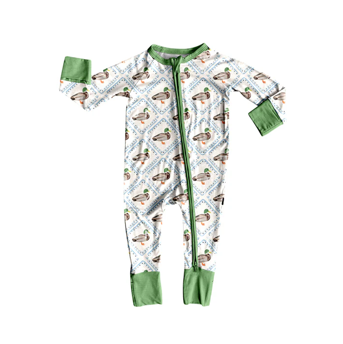 5.26 Preorder (moq 5)Baby Girls Long Sleeves Green Ducks Plaid Zipper Rompers