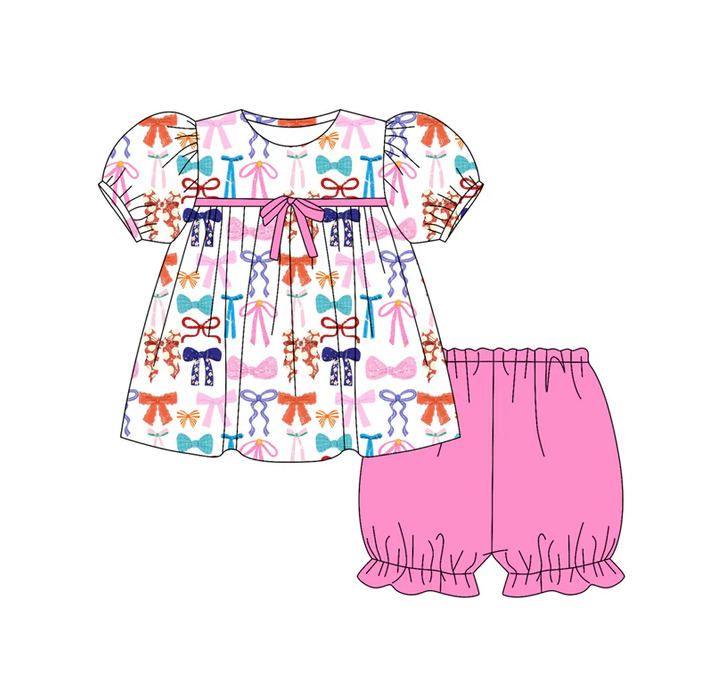 5.26 Preorder (moq 5)Baby Girls Short Ruffle Sleeves Colorful Bows Plaid Tunic Shorts Set