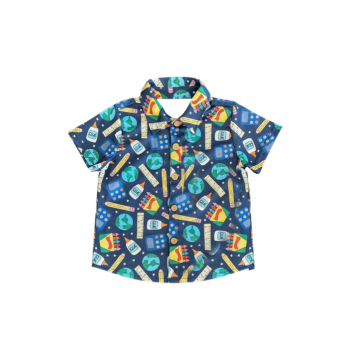 5.27 Preorder moq 5 Baby Boys Short Sleeves Back To School Crayons Pocket Button Shirts Tops