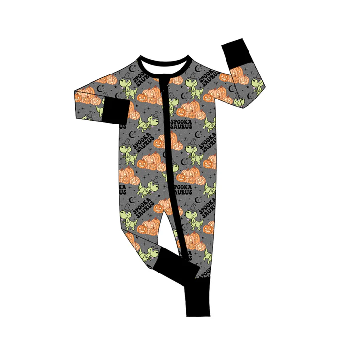 5.29 Preorder (moq 5)Baby Boys Gray Long Sleeves Dogs Pumpkins Zipper Pant Rompers