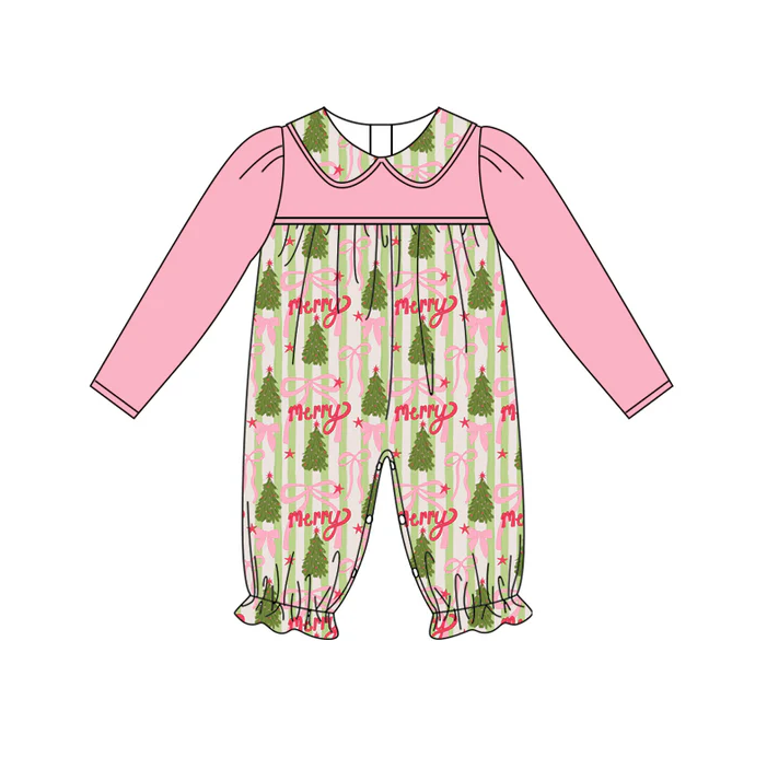 5.29 Preorder (moq 5)Baby Girls Pink Long Sleeves Bows Trees Stripes Ruffle Pant Rompers