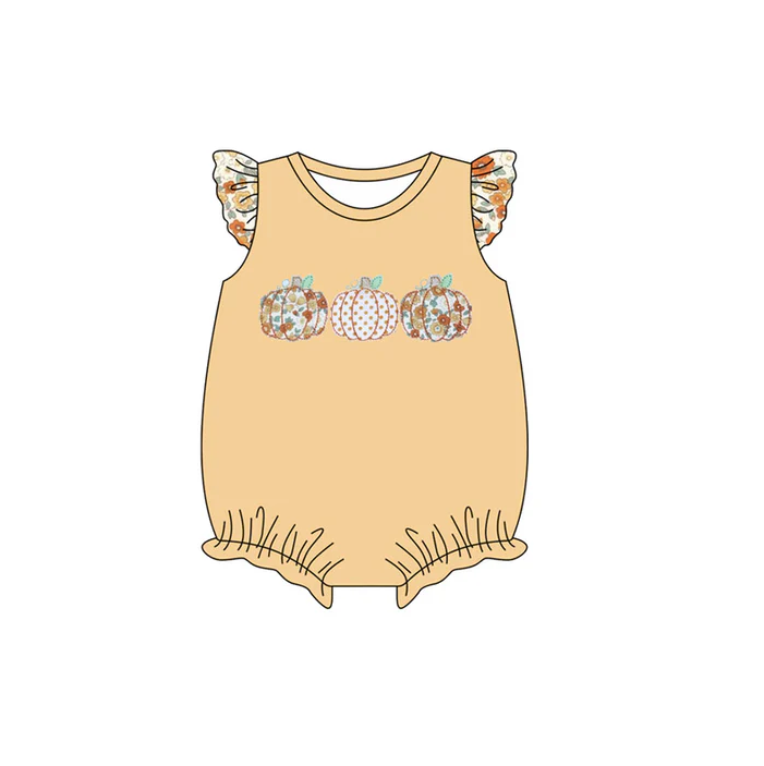 5.29 Preorder (moq 5)Baby Girls Yellow Flutter Sleeves Floral Pumpkins Ruffle Rompers