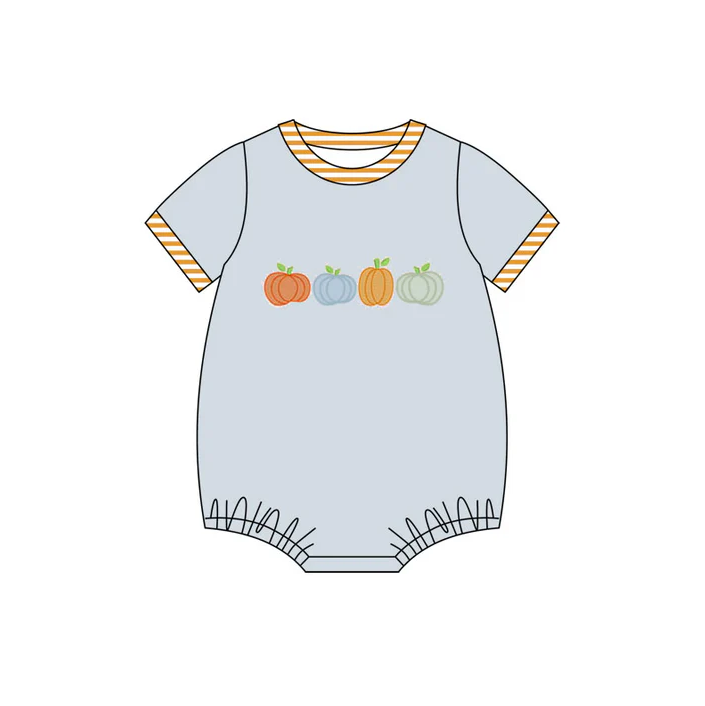 5.30 Preorder (moq 5)Baby Boys Blue Short Sleeves Pumpkins Bummies Rompers