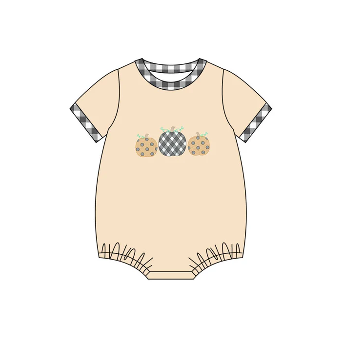 5.30 Preorder (moq 5)Baby Boys Khaki Short Sleeves Bows Pumpkins Bummies Rompers
