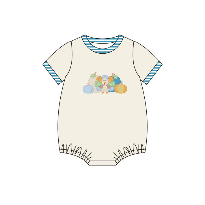 5.30 Preorder (moq 5)Baby Boys Khaki Short Sleeves Turkey Pumpkins Bummies Rompers