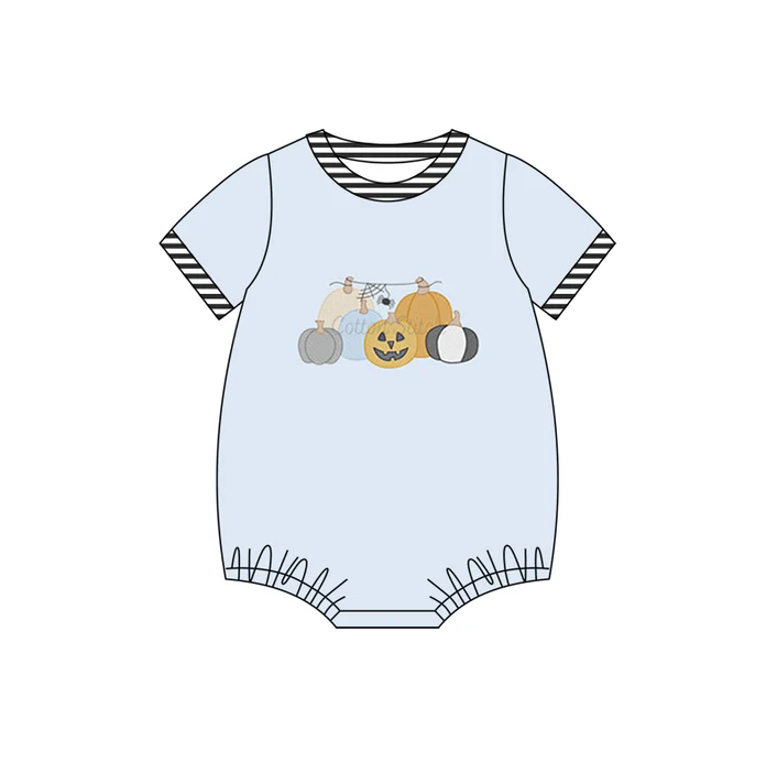 5.30 Preorder (moq 5)Baby Boys Blue Short Sleeves Ghost Pumpkins Bummies Rompers