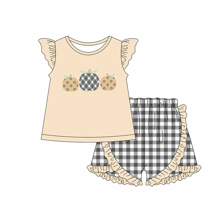 5.30 Preorder (moq 5)Baby Girls lvory Flutter Sleeves Bows Pumpkins Top Gray Plaid Ruffle Shorts Set