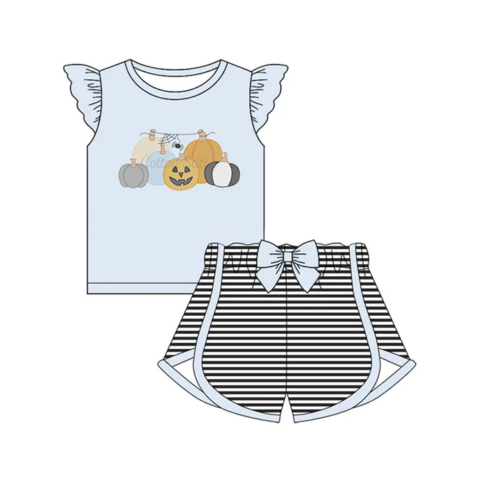 5.30 Preorder (moq 5)Baby Girls Light Blue Flutter Sleeves Ghost Pumpkins Top Black Stripe Shorts Set