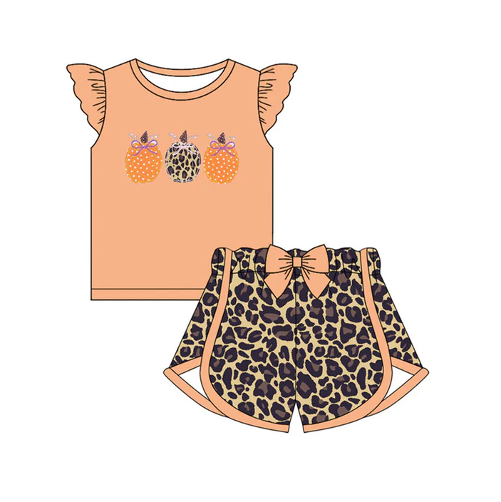 5.30 Preorder (moq 5)Baby Girls Orange Flutter Sleeves Bows Pumpkins Top Leopard Shorts Set