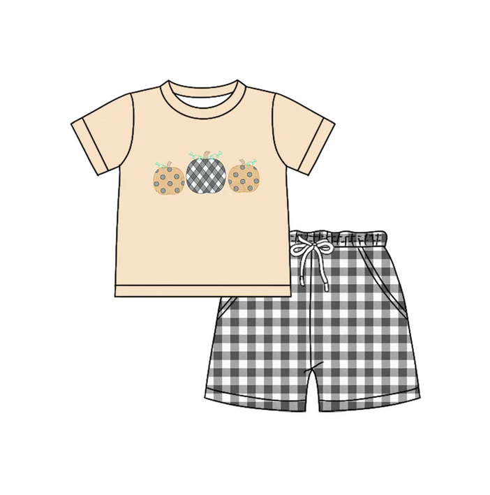 5.30 Preorder (moq 5)Baby Boys Khaki Short Sleeves Pumpkins Cakes Top Floral Pockets Shorts Set