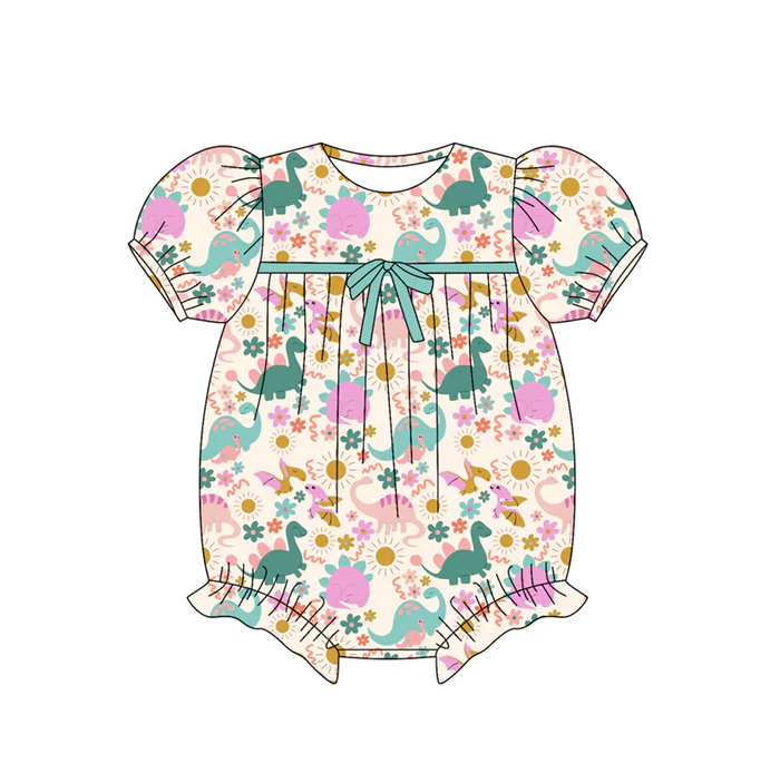 5.30 Preorder (moq 5)Baby Girls Short Ruffle Sleeves Pink Flowers Dinosaurs Rompers