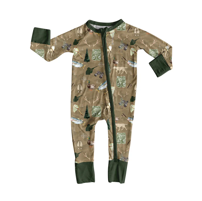 5.30 Preorder (moq 5)Baby Boys Dark Green Long Sleeves Deer Ducks Fishing Zipper Rompers
