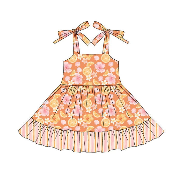 5.30 Preorder (moq 5)Baby Girls Orange Bows Strap Lemons Flowers Ruffle Knee Length Dresses