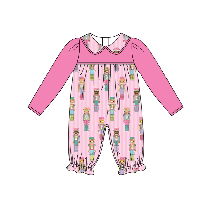 6.2 Preorder (moq 5)Baby Girls Hot Pink Long Sleeves Soldier Stripe Ruffle Pant Rompers