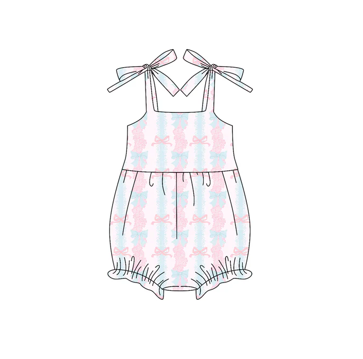 6.2 Preorder (moq 5)Baby Girls Bows Strap Pink Bows Floral Stripe Ruffle Rompers