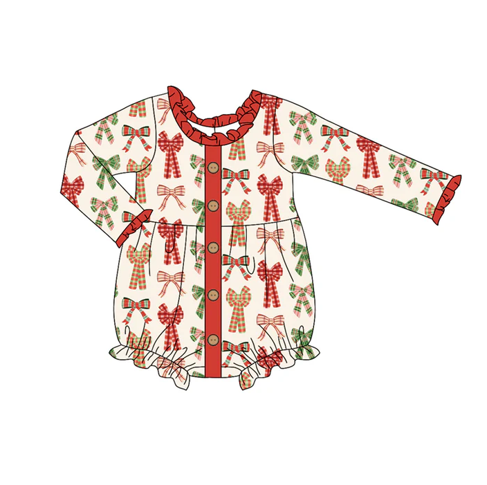 6.2 Preorder (moq 5)Baby Girls Long Ruffle Sleeves Green Red Plaid Bows Button Rompers