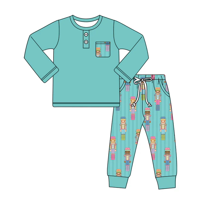6.2 Preorder (moq 5)Baby Boys Green Long Sleeves Button Pocket Top Soldier Stripe Legging Pant Sets