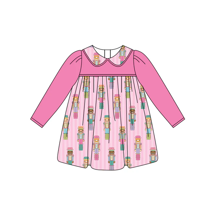 6.3 Preorder (moq 5)Baby Girls Hot Pink Long Sleeves Soldier Stripe Knee Length Dresses