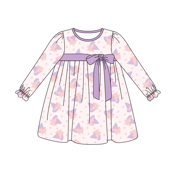 6.3 Preorder (moq 5)Baby Girls Long Ruffle Sleeves Lavender Magic Hats Stars Knee Length Dresses