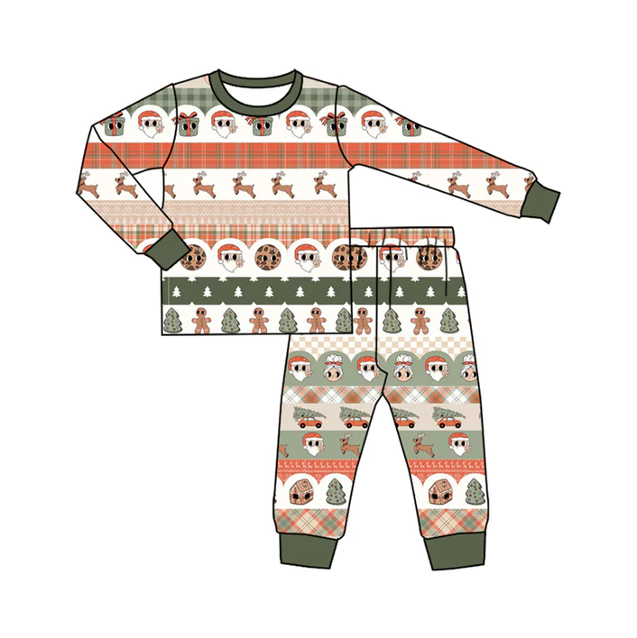 6.6 Preorder (moq 5)Baby Boys Green Long Sleeves Santa Gift Deer Stripe Top Pant Pajamas Set