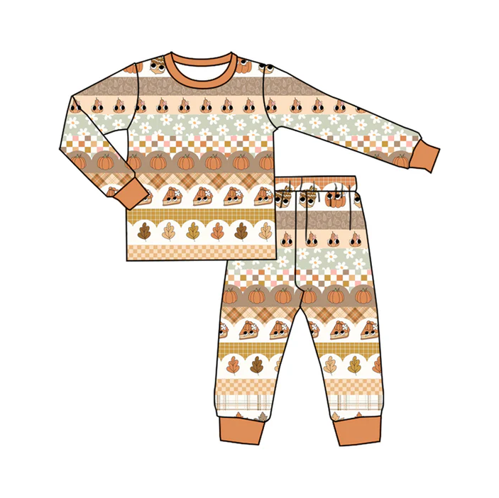 6.6 Preorder (moq 5)Baby Boys Long Sleeves Khaki Flowers Pumpkins Top Pant Pajamas Set