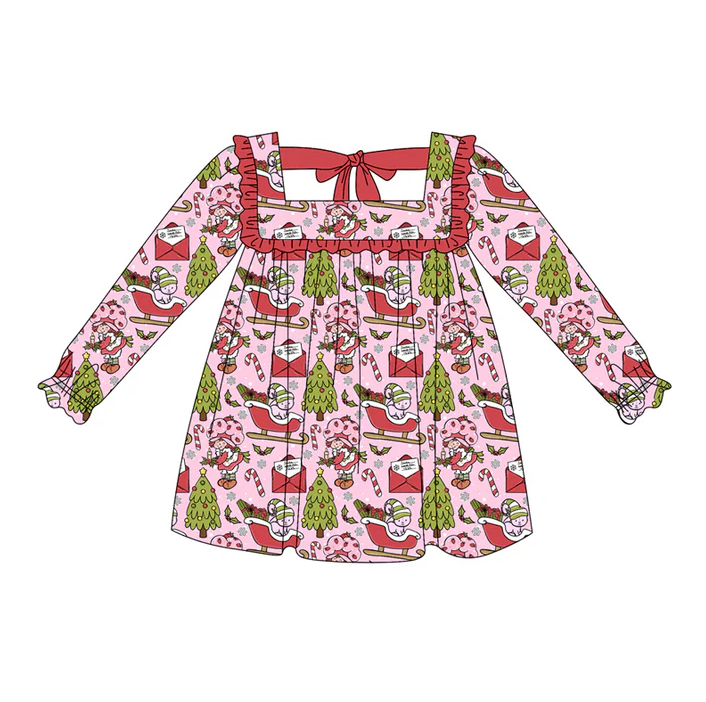 6.6 Preorder (moq 5)Baby Girls Pink Long Ruffle Sleeves Candy Cane Trees Knee Length Dresses