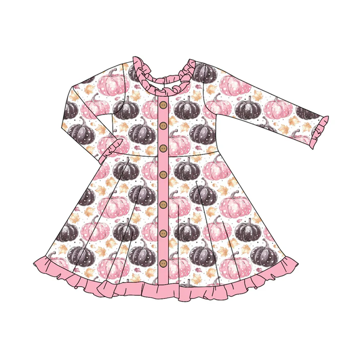 6.6 Preorder (moq 5)Baby Girls Pink Long Ruffle Sleeves Pumpkins Leaves Plaid Button Knee Length Dresses