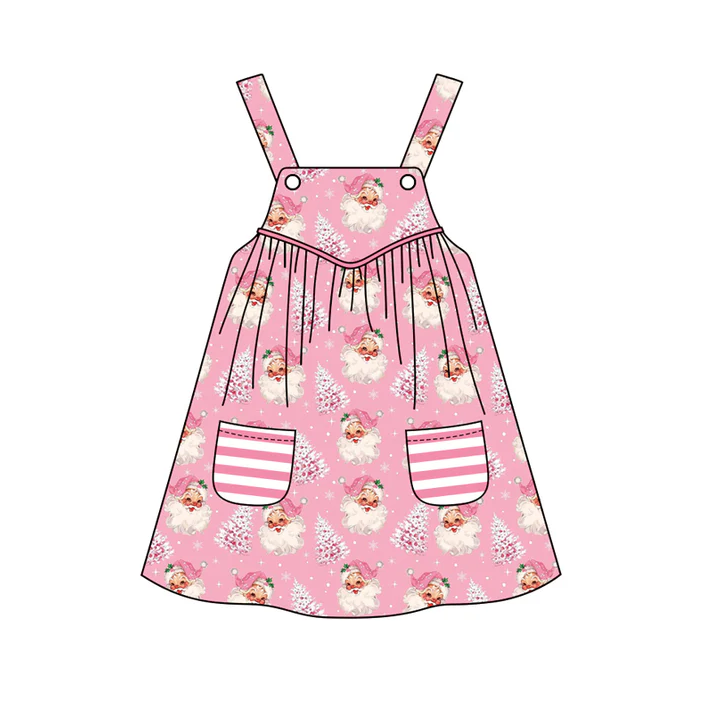 6.6 Preorder (moq 5)Baby Girls Pink Bows Strap Trees Santa Stripe Pockets Knee Length Dresses