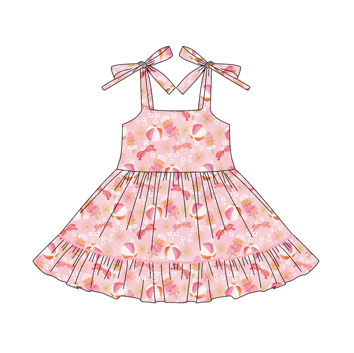 6.6 Preorder (moq 5)Baby Girls Pink Bows Strap Glasses Beach Ruffle Knee Length Dresses