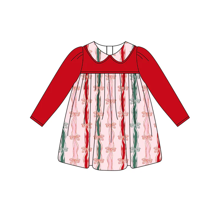 6.6 Preorder (moq 5)Baby Girls Red Long Sleeves Bows Stripes Knee Length Dresses