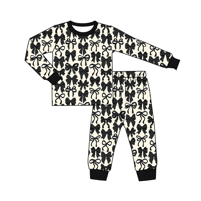 6.7 Preorder (moq 5)Baby Girls Black Bows Long Sleeves Top Pant Pajamas Sets