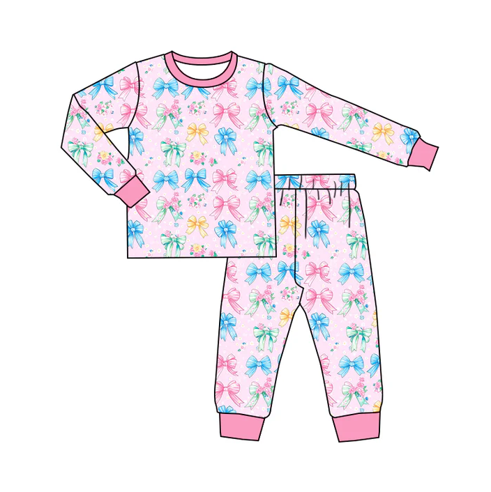6.7 Preorder (moq 5)Baby Girls Colorful Bows Long Sleeves Top Pant Pajamas Sets