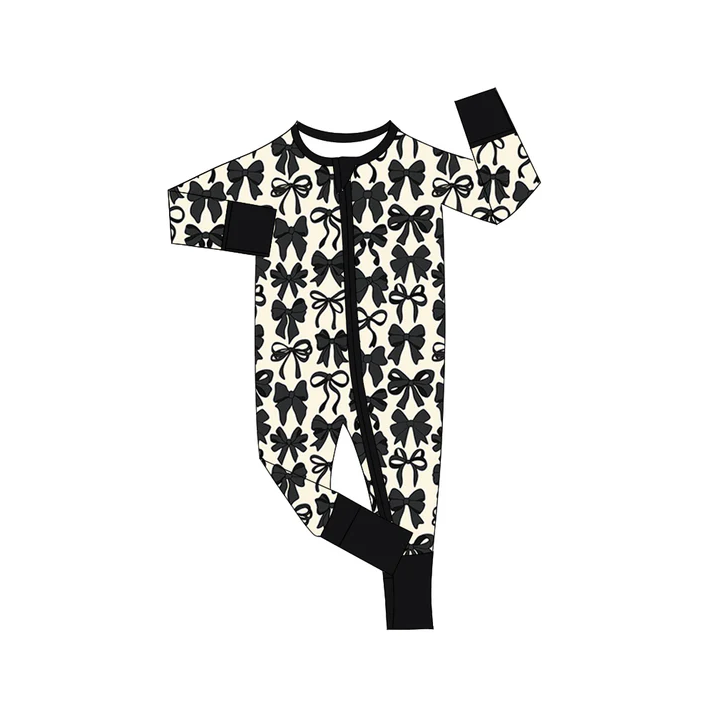 6.7 Preorder (moq 5)Baby Girls Black Bows Long Sleeves Zipper Rompers