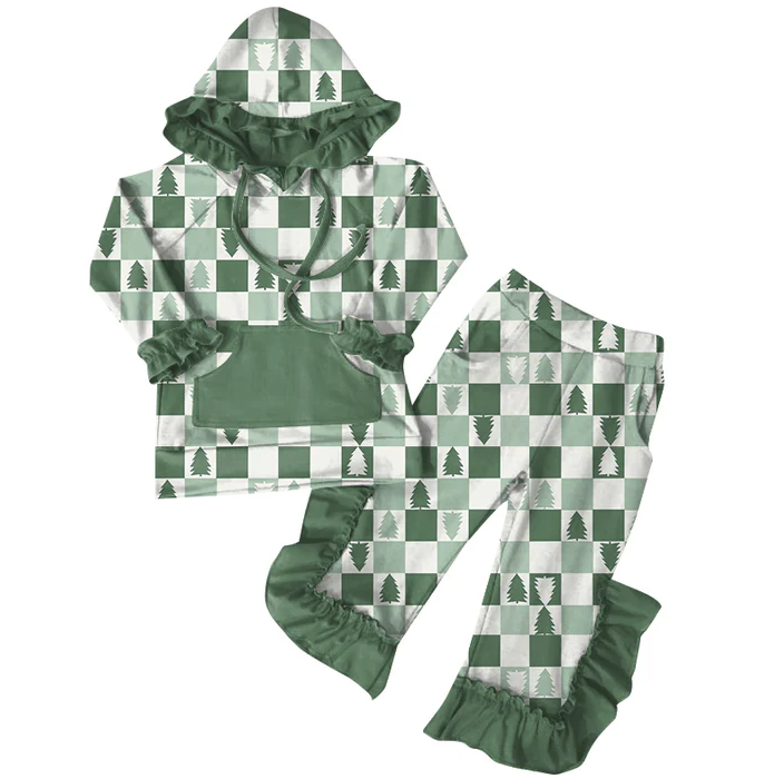 6.7 Preorder (moq 5)Baby Girls Christmas Green Trees Hoodies Top Ruffle Pant Sets
