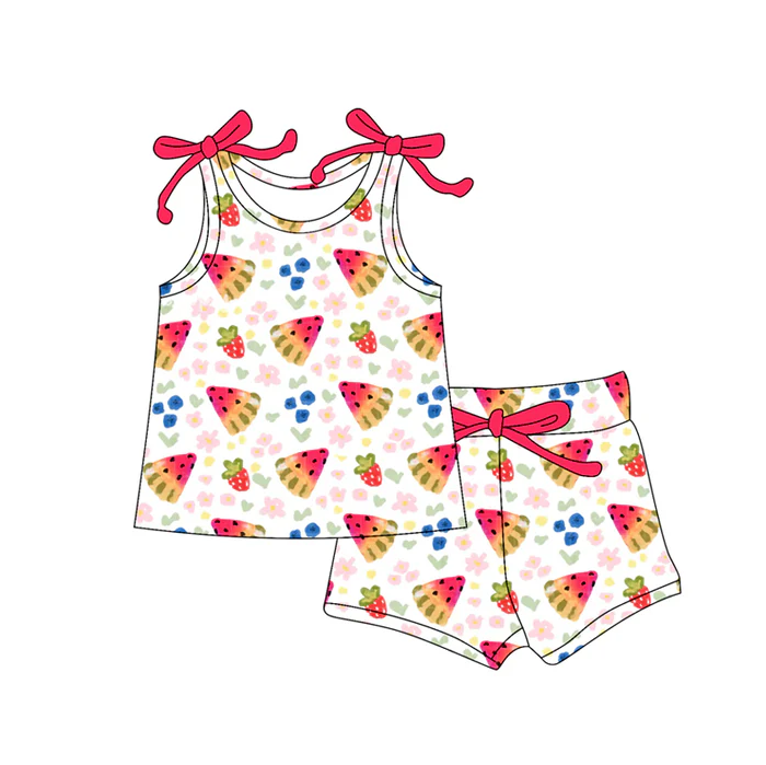 6.7 Preorder (moq 5)Baby Girls Bows Sleeveless Watermelon Flowers Vest Top Shorts Set