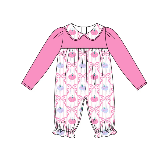 6.7 Preorder (moq 5)Baby Girls Pink Long Sleeves Bows Pumpkins Plaid Ruffle Rompers