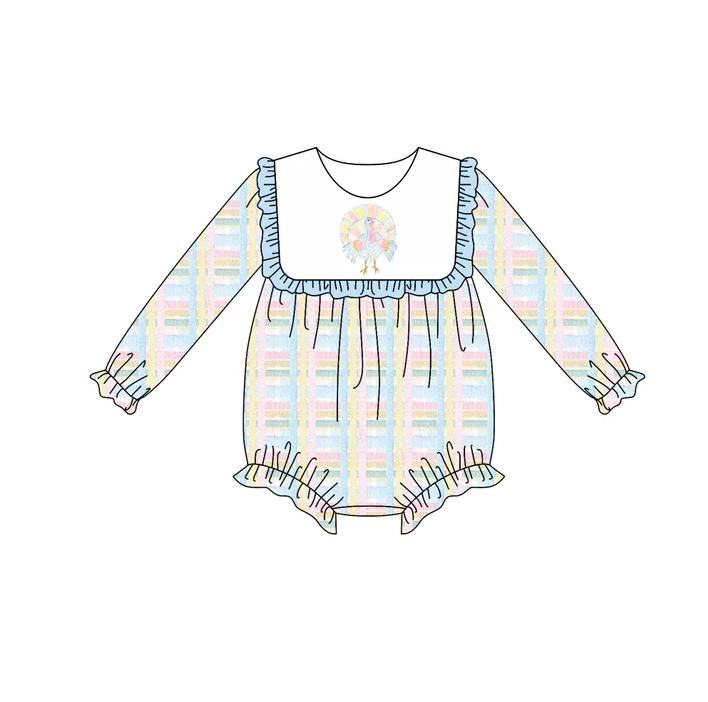 6.7 Preorder (moq 5)Baby Girls Long Sleeves Turkey Plaid Ruffle Rompers