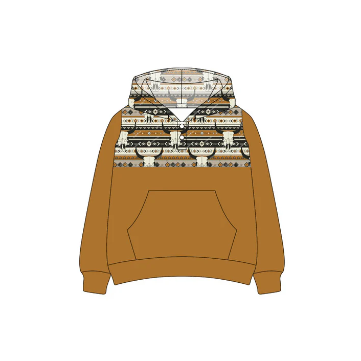 6.9 Preorder (moq 5)Baby Boys Western Brown Cow Aztec Hooded Pullovers Tee Shirts